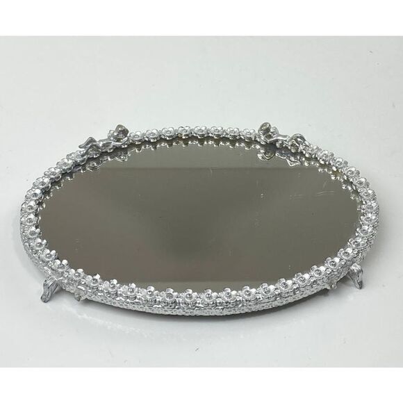 Vtg Sam Fink Vanity Tray Mirror Silver Tone Oval Cherubs Flowers Harp Feet CO126 - Picture 1 of 10